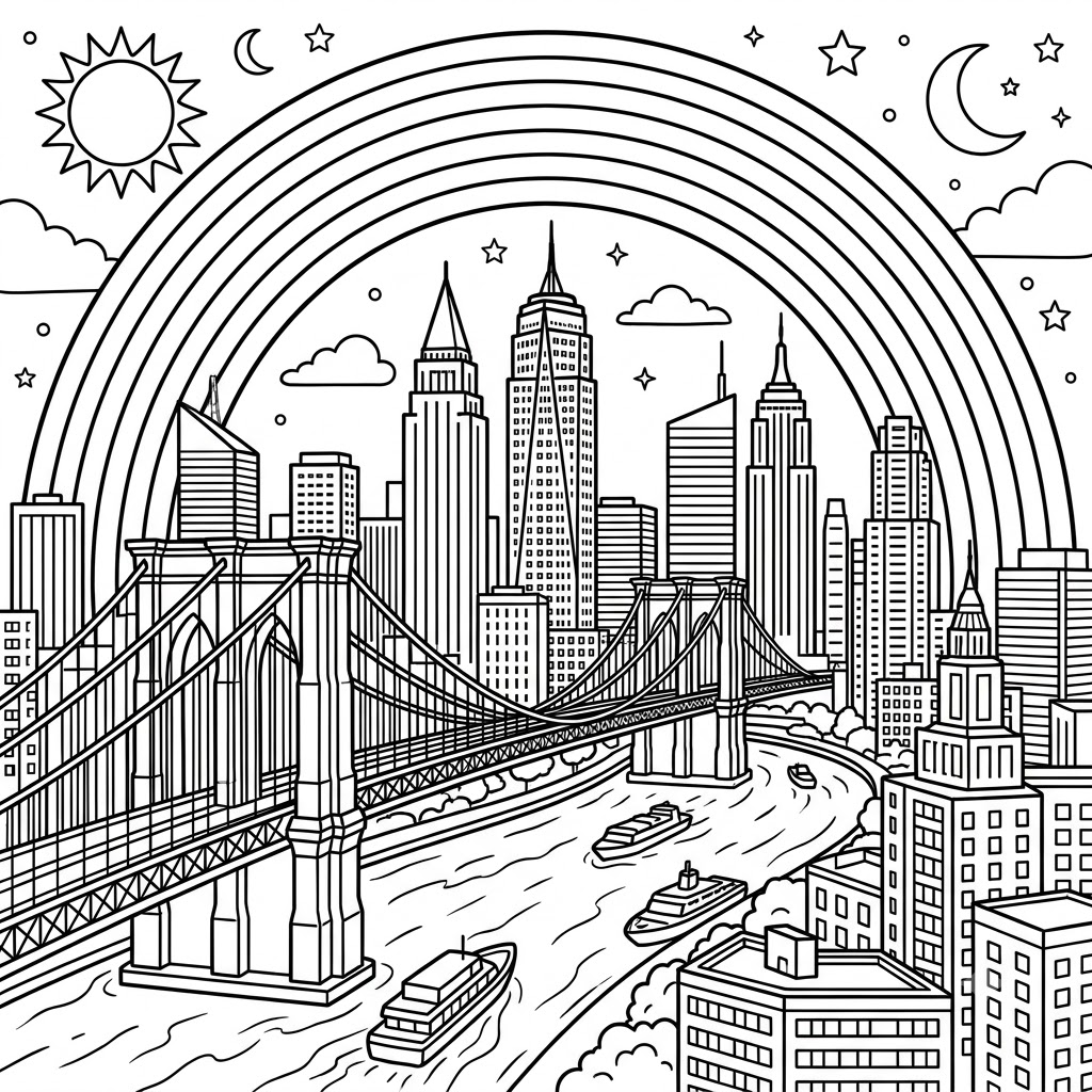 Rainbow over city skyline coloring page — free printable rainbow coloring page advanced scene for older kids.